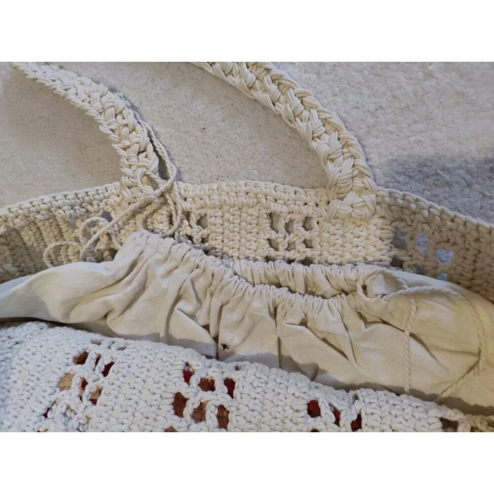 Crochet Cream & Red Large Handmade Vacation Beach Tote Bag W‎ Cute Crabs